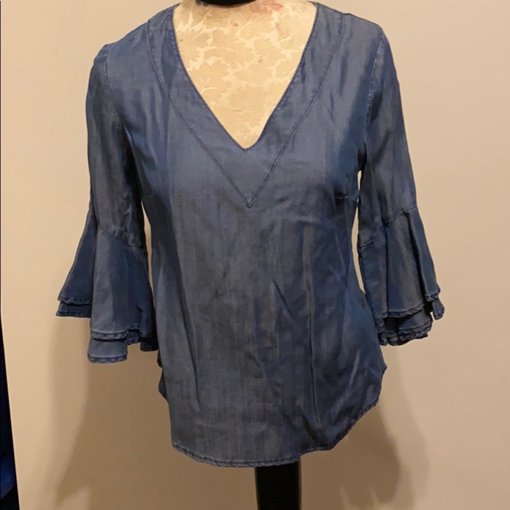Denim Bell Sleeve Popover Top
